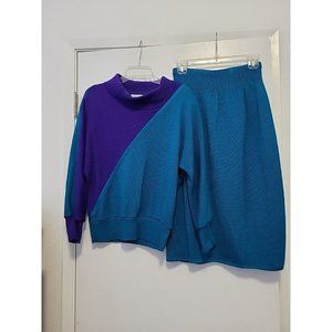 Vivanti Vintage 70s Sweater Skirt Set Teal Purple Size 10